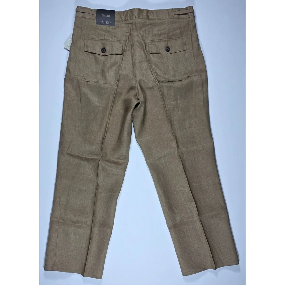 Tasso Elba Island Mens 34x29 Linen Pants Safari Tan Drawstring Straight Leg NEW
